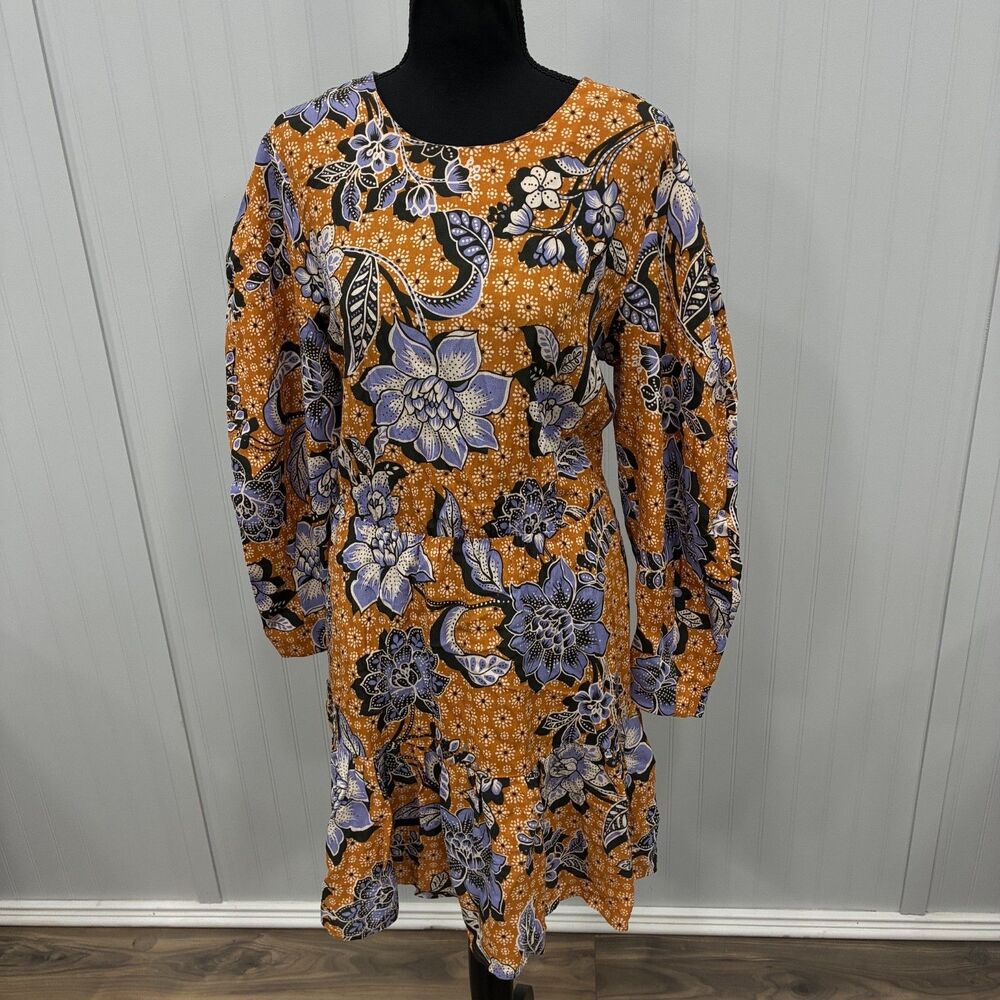 Corey Lynn Calter Women Orange Floral Dress L Long Sleeve Tiered Ruffle